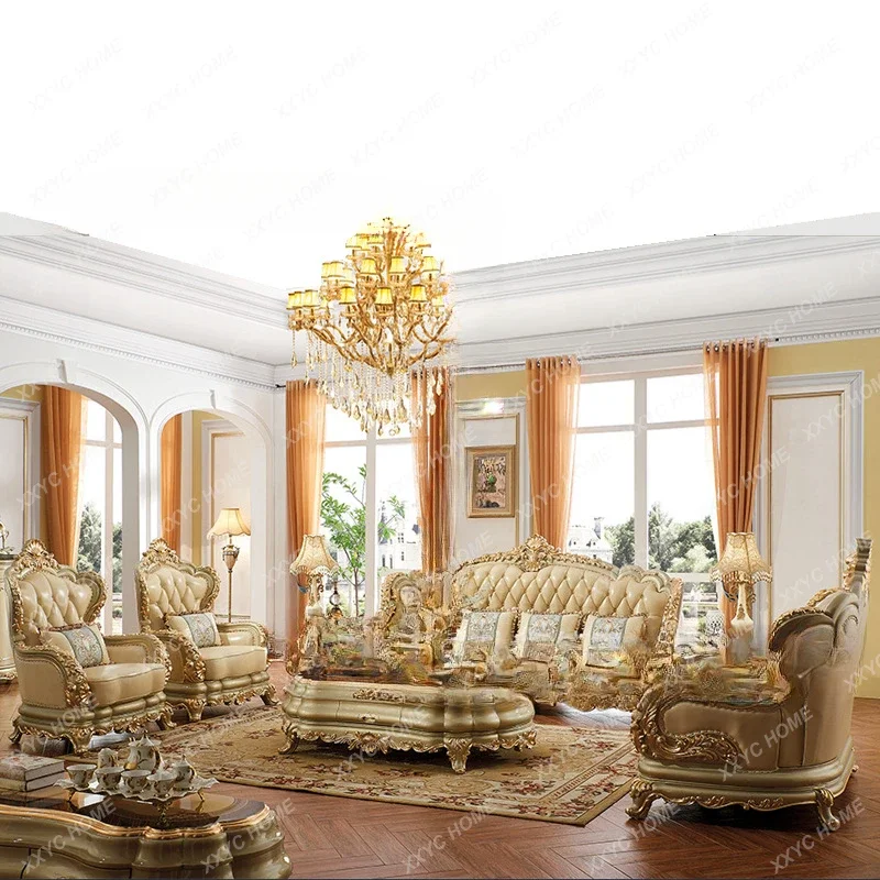 Furniture Leather Sofa Combination Living Room Double-Sided Solid Wood Carved Villa High-End Sofa home furniture