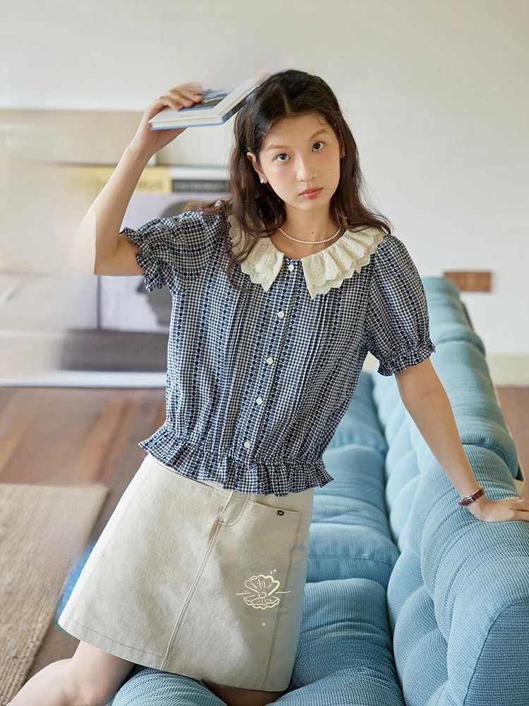 

Nov Et двухслойный воротник с рюшами женский irt плиссированный Bubble Sve Plaid irt Tuable Hemline хлопок винтажный Sle