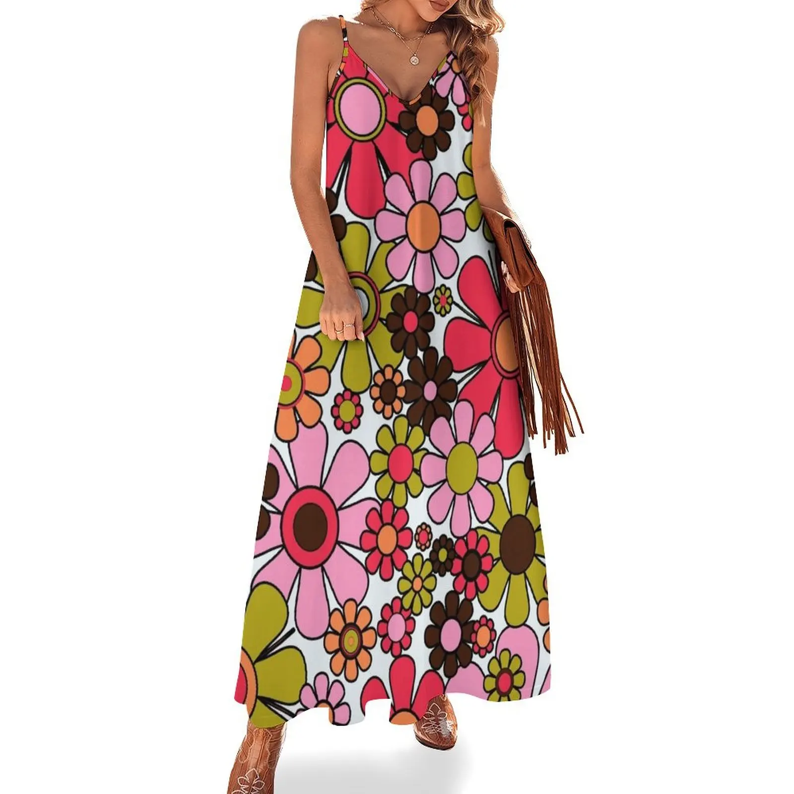 Retro Garden Flowers Groovy 60s 70s Floral Pattern in Pink, Dark Brown, Avocado Green, Orange, and Black Sleeveless Long Dress