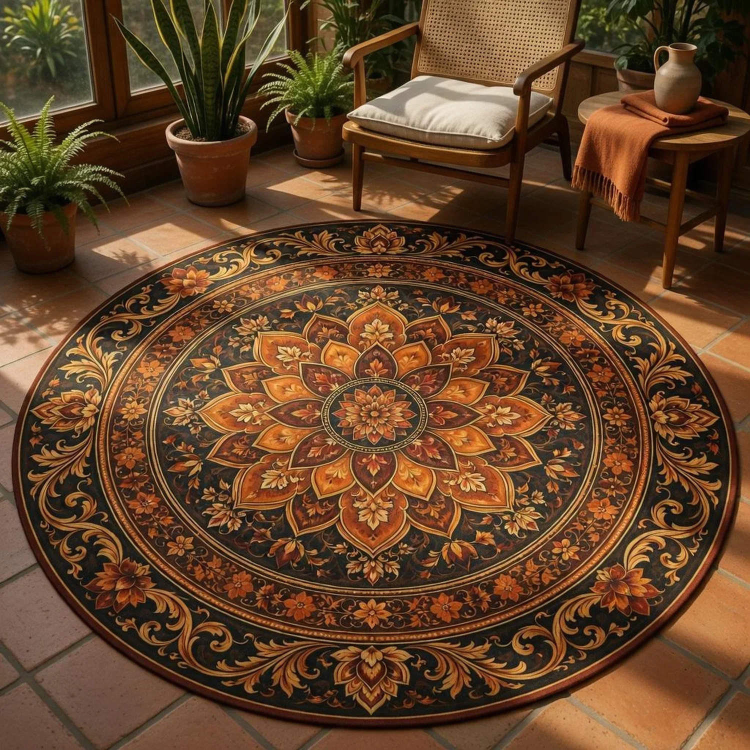 Burnt Orange Mandala Rug, Black Gold Round Rug, Boho Room Decor