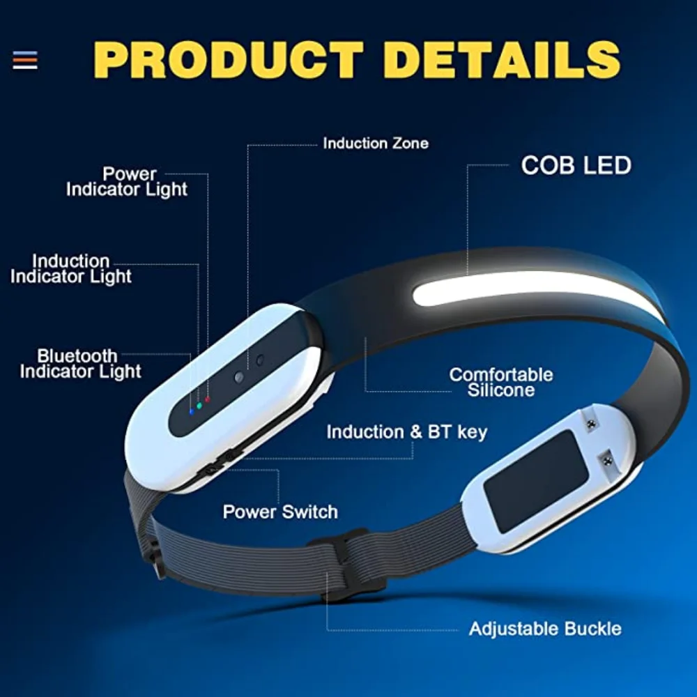 Bluetooth Sensor Headlamp COB LED Head Lamp Flashlight Outdoor USB Rechargeable Waterproof Head Torch Camping Riding Light