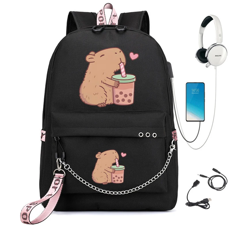 Cartoon Capybara School Backpack for Student Kawaii Schoolbag Girl Children Backpack Anime Cartoon Teenager Bagpack Usb Bookbag