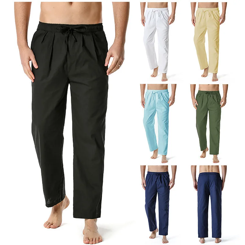 New Men's Linen Cotton Loose and Casual Lightweight Elastic Waist Pants for Foreign Trade, Yoga Pants, Home Pants