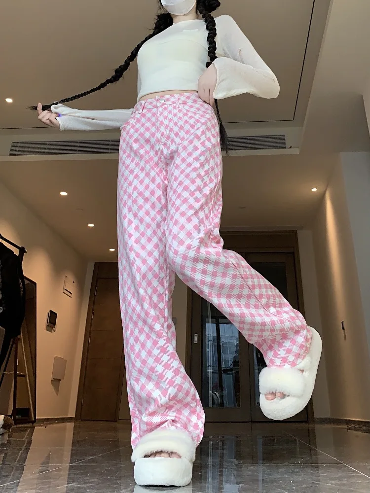 Women's Pink Checkered Pattern Sweet Girl Casual Wide Leg Pants Street Hip-hop Bottoms Female High Waist Fashion Trousers