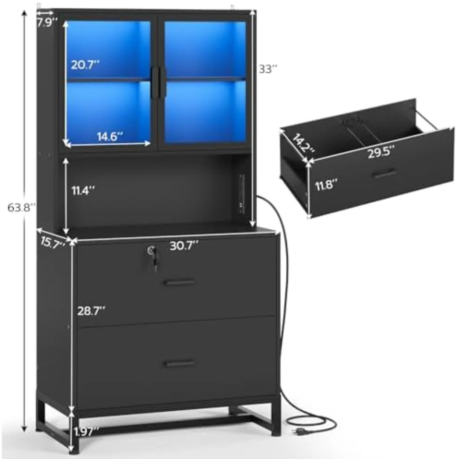 2 Drawer File Cabinet with Lock, Charging Station, Bookshelf, Black | Filing Cabinet Fits Letter, Legal, A4 Size, Wood