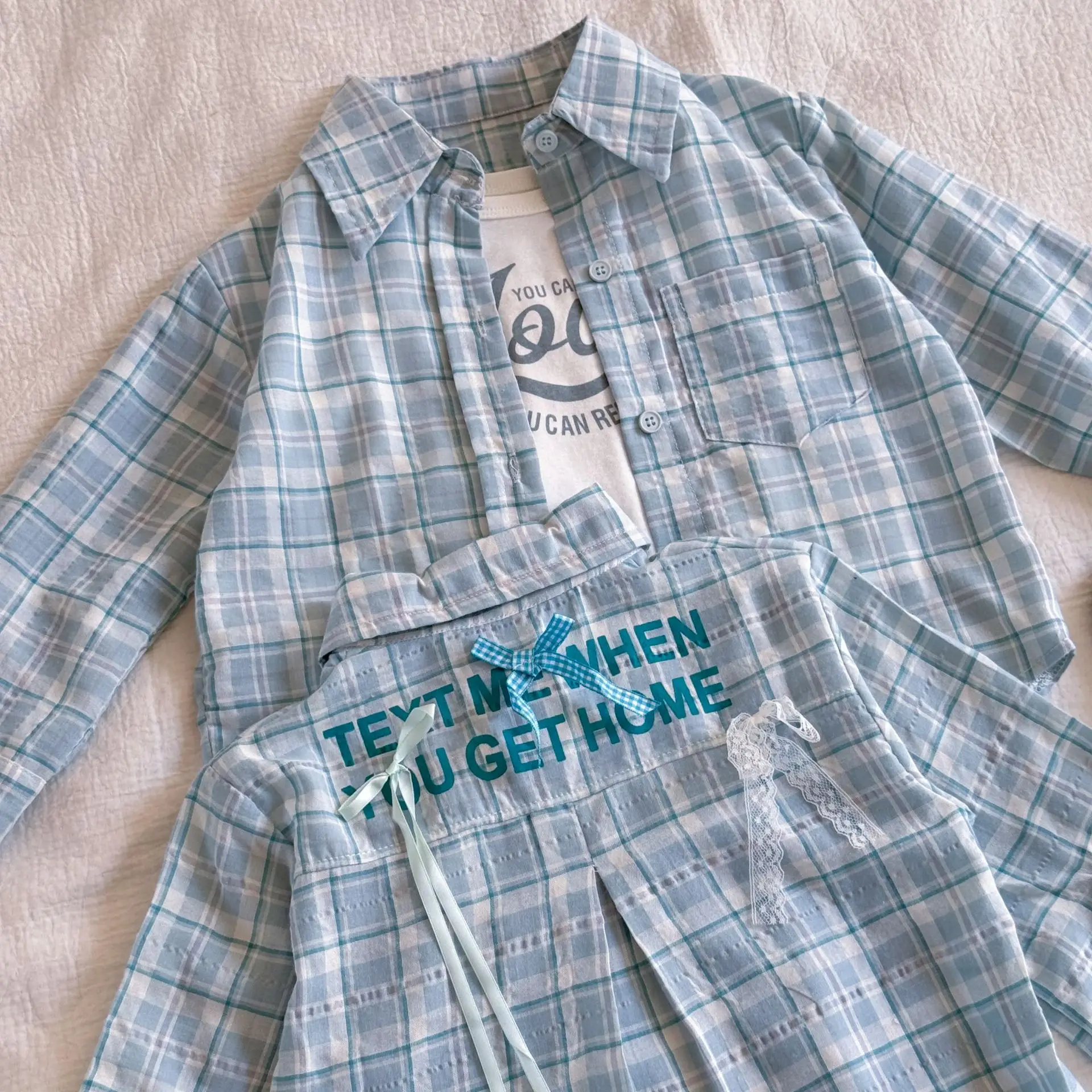 

2-8Y Kids Shirts 2025 Spring New Korean Fashion Casual Daily Blue Plaid Letter Print Long Sleeve Bowknots Loose Autumn Coat