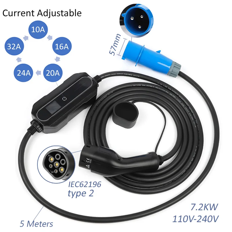 Oplader voor elektrische auto Type 2 Type 1 Modus 2 Niveau 2 Draagbare EVSE EV-autolaadkabel 6A-16A-32A 5 meter 10 meter 15 meter
