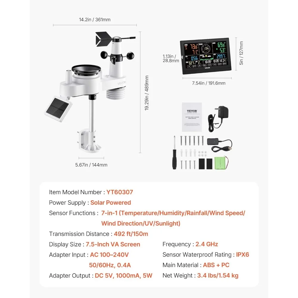 محطة طقس واي فاي 7 في 1 مع تطبيق، شاشة 7.5 بوصة، مستشعر خارجي لاسلكي يعمل بالطاقة الشمسية، مقياس المطر، مقياس داخلي وخارجي