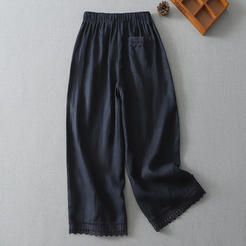 Ele dunne katoenen linnen elastische taille casual broek dames bloemenkant losse rechte pijpen wijde pijpen broek negen punten broek