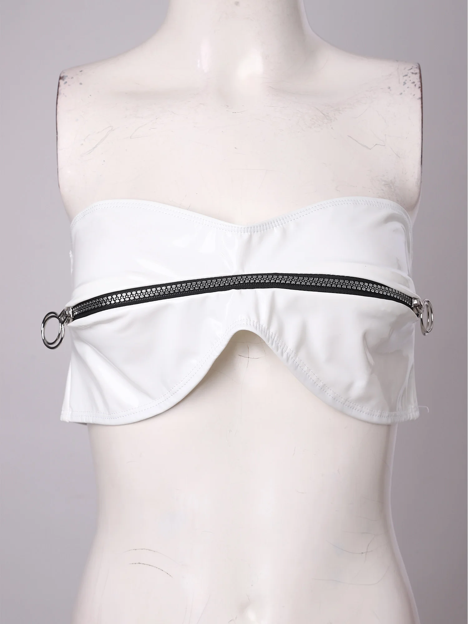 Women Glossy PU Leather Bustiers Bandeau Crop Top Strapless Zipper O-ring Tube Bra Bralette Corset for Nightclub Rave Party - view 4