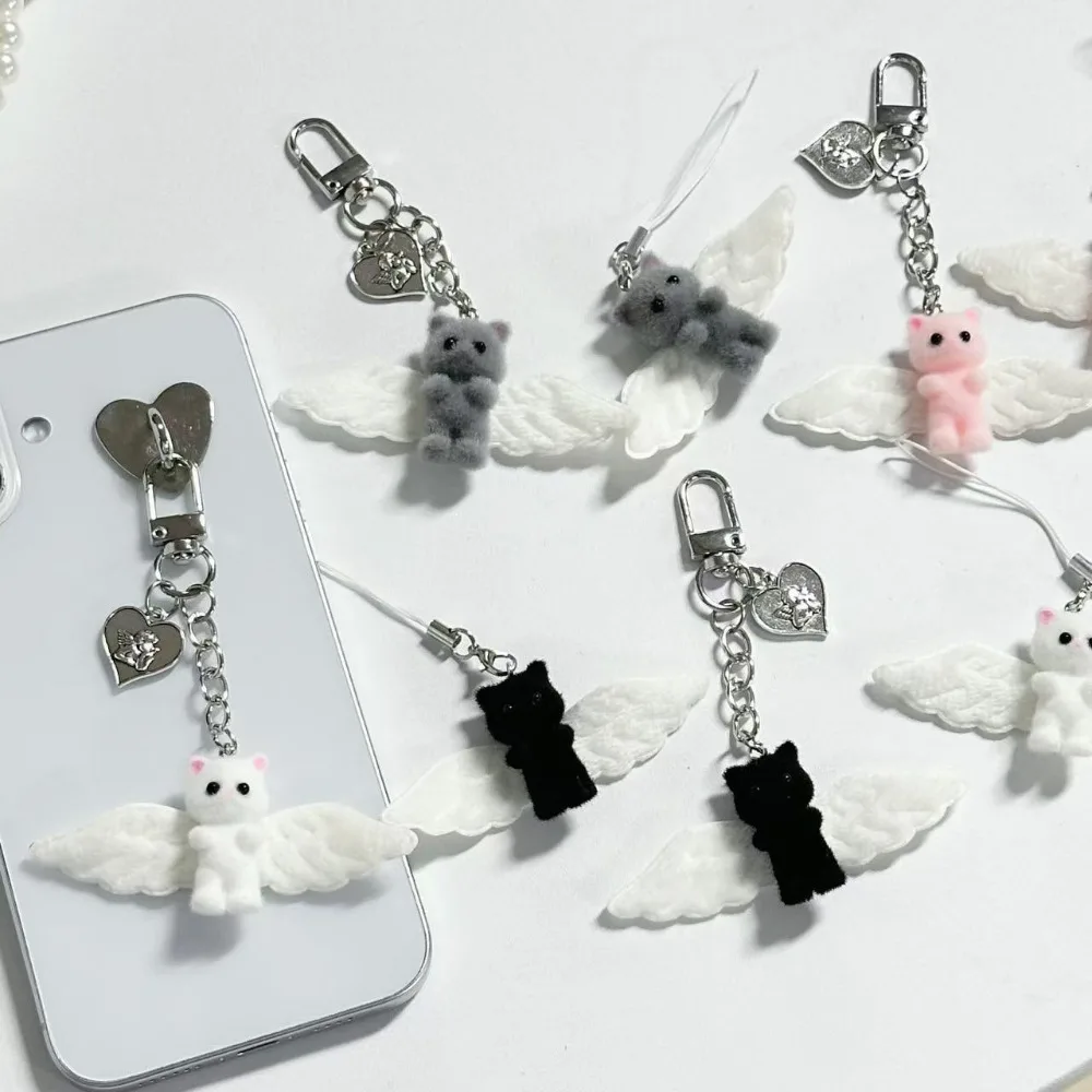 Flocking Angel Wing Cat Charm Keychain for Women Cute Mini Kitten Bag Pendant Sweet Girl Phone Lanyard Keychain Accessories Gift