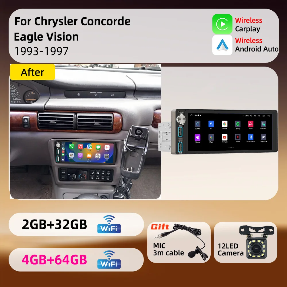 Radio para Auto con Carplay de 6.86 Pulgadas, Unidad Principal 1 DIN, Android, Autoradio, Multimedia, GPS, Estéreo, para Chrysler Concorde Eagle Vision 1993-1997