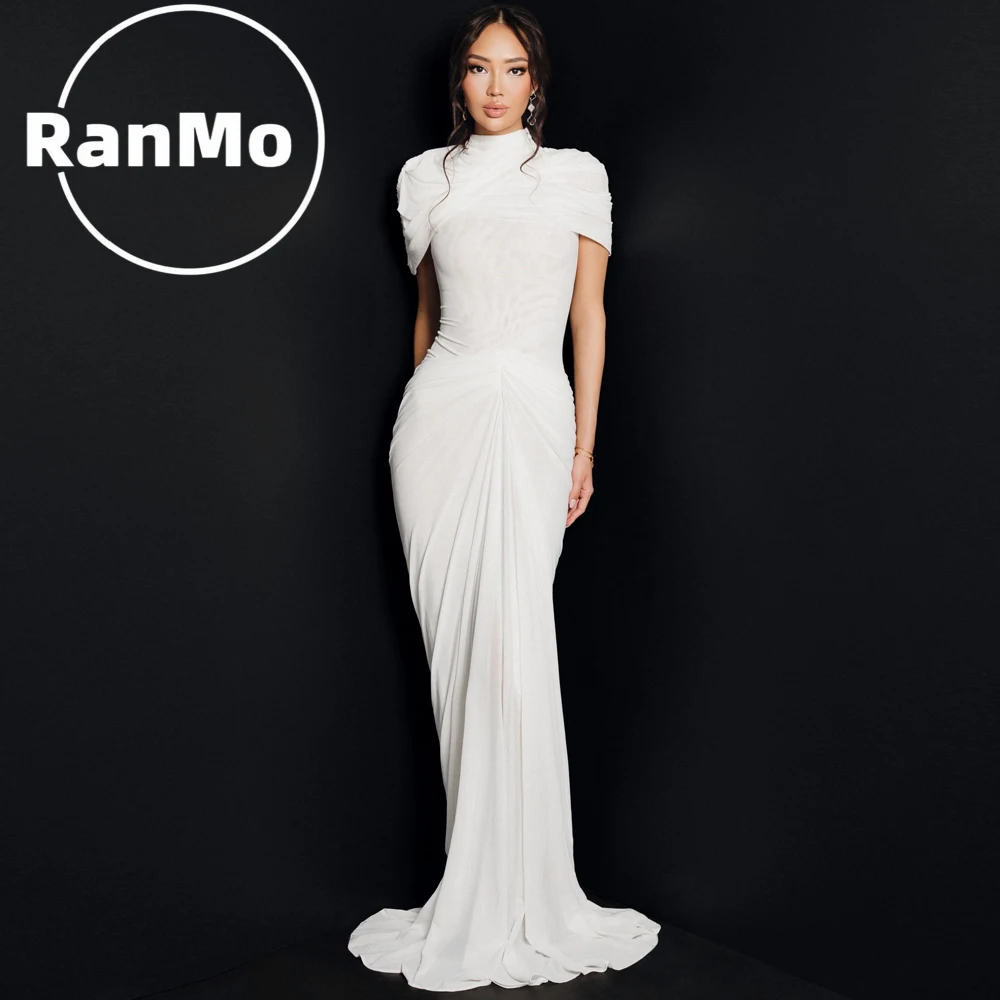 Ranmo Simple High Neck Classic Formal Evening Gown Short Sleeves Pleat Mermaid Wedding Reception Dress Customized Party Dress
