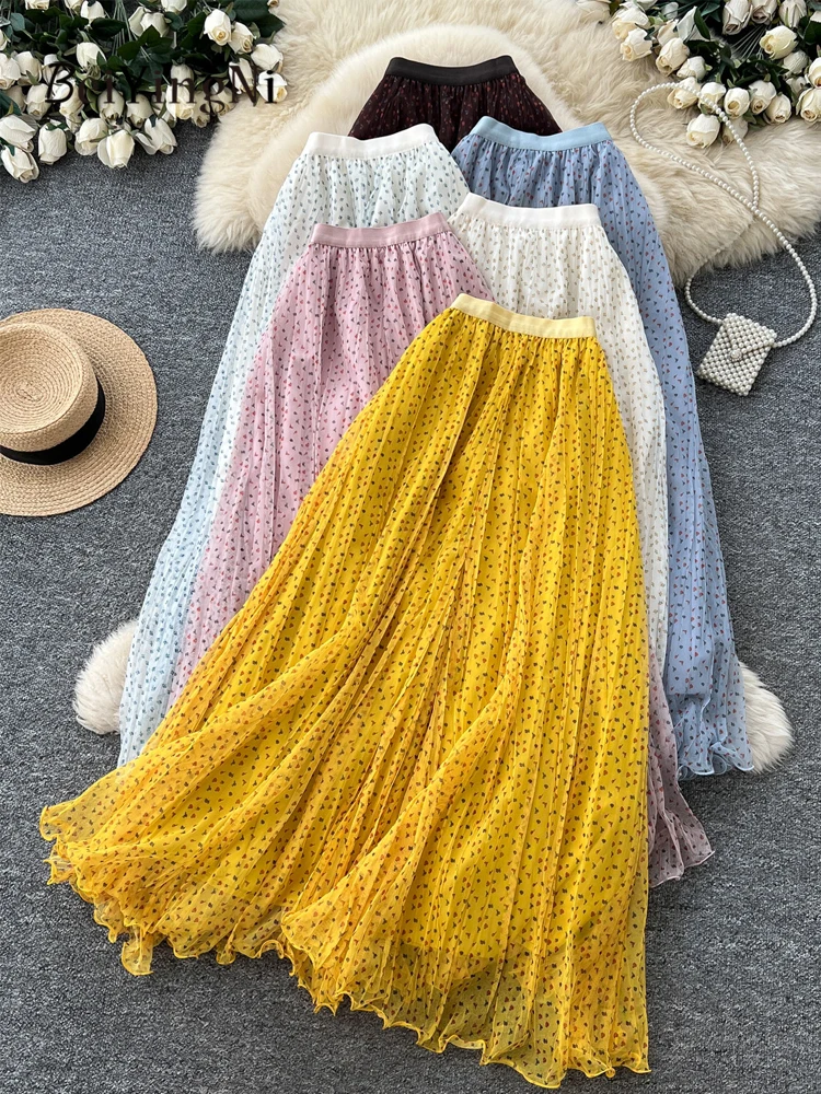 Beiyingni New Arrivals Floral Print Midi Skirts Women Korean Elegant High Waist Mesh Pleated Skirt Ladies Casual Vacation Jupes
