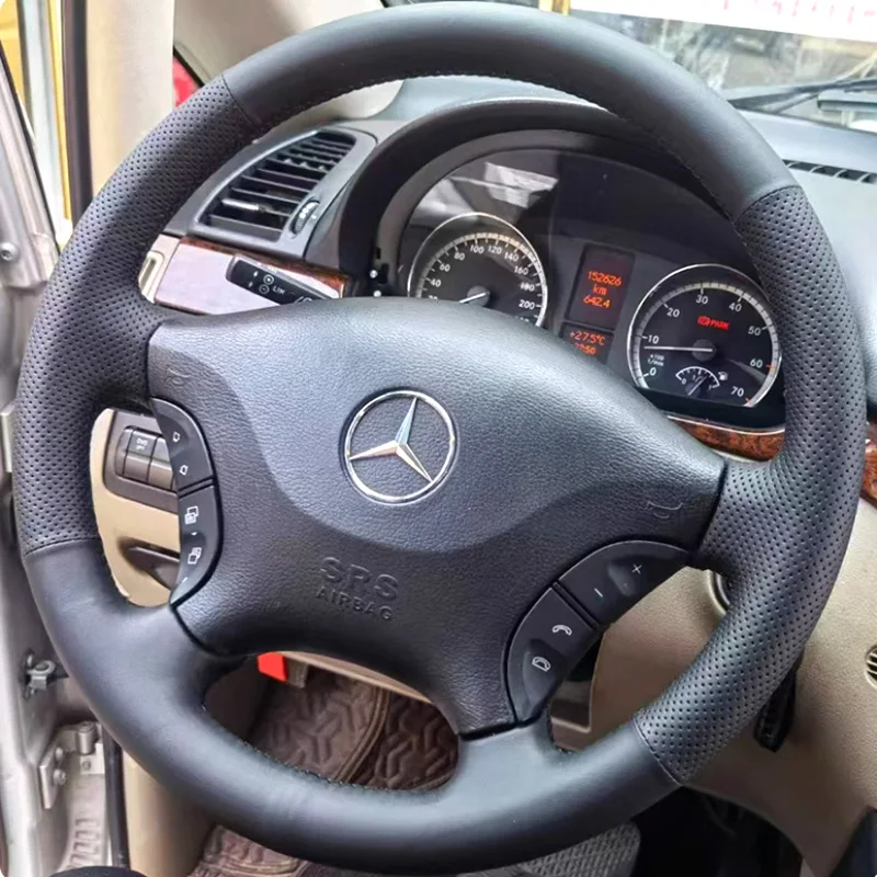 For Mercedes Benz Viano W639 Vito 2006-2011 DIY Non-slip Wear-resistant Car Steering Wheel Cover Cowhide Leather Black Interior