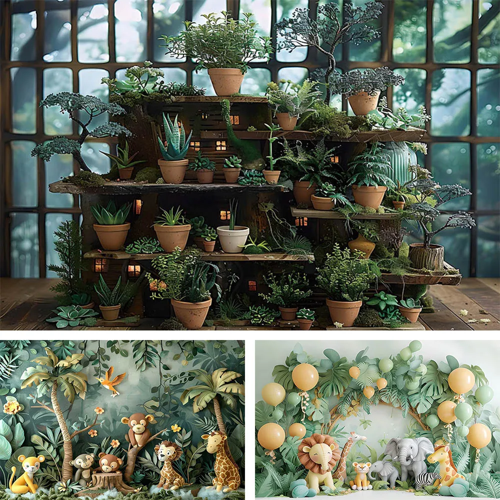 Mehofond 용수철 열대 동물 장식 배경, 어린이 생일 파티, 자연 꽃, 잔디 벽 배경, 2024
