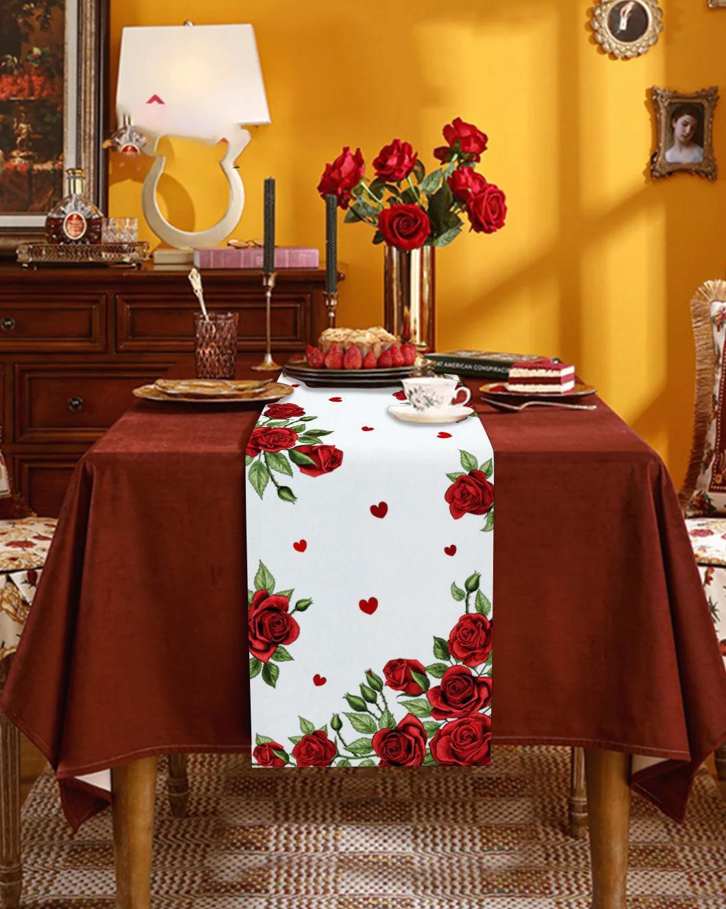 Modern Design Red Rose Printing Tableware Mat Festival Wedding Home Decor Kitchen Dining Table Runner Coffee Party Tablecloth