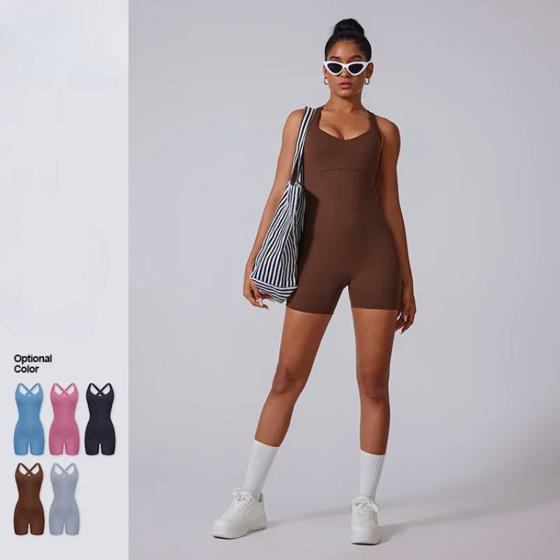 

Seamless Yoga Jumpsuits Sports Fitness Hip-lifting Backless Back Cross Shorts Yoga Onesie Workout Gym Sportswear for Women