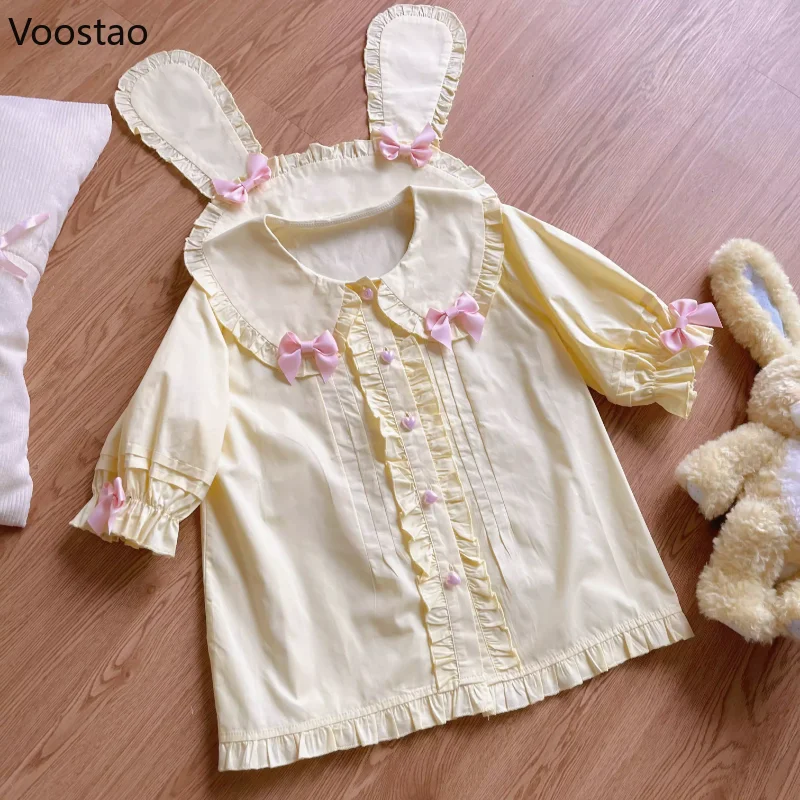 Orecchie da coniglio giapponesi colletto Peter Pan camicetta da donna Lolita Harajuku Casual manica a sbuffo fiocco Ruffles JK camicie ragazze