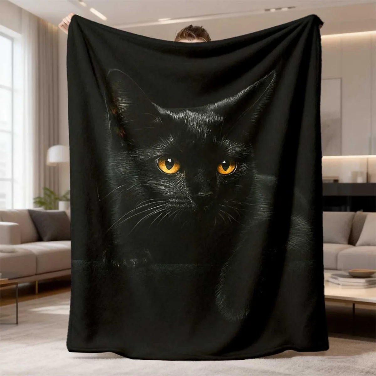 Realistic Black Cat Golden Eye Portrait Print Black Base Flannel Throw Blanket, Soft Warm Sofa Cover,Cat Lover Bedroom Rest Gift