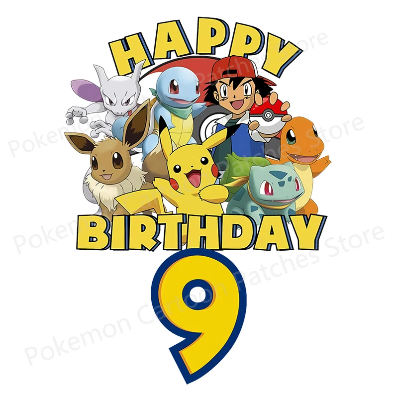 Autocollant thermocollant Pokemon Anime, patch thermocollant, vêtements pour enfants, joyeux anniversaire, cadeau de fête, appliques de transfert de chaleur, chiffres de 1 à 12 ans