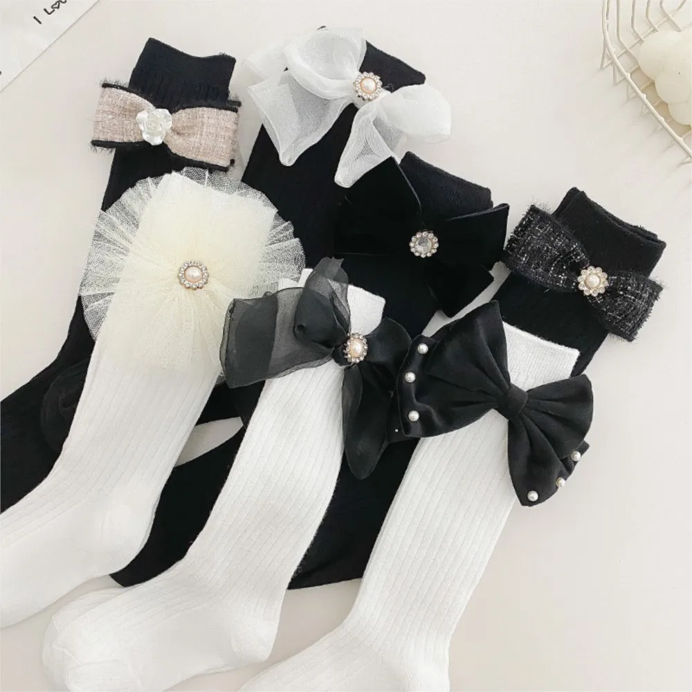 Girls socks pearl big bowknot sweet princess calf sock kids baby combed cotton sokken toddler infant knee high stocking