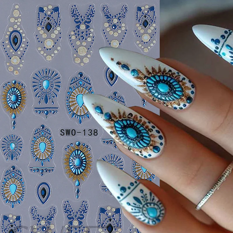 

1 шт., богемные наклейки для ногтей, бронзовый синий тотем, дизайн сглаза, золотая линия, сделай сам, 3D маникюрные украшения, ползунки
