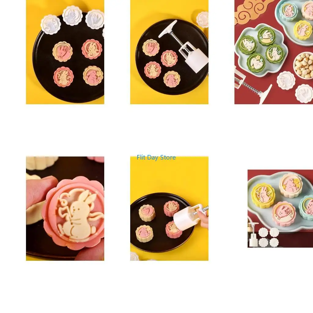F92C Mid-autumn Festival Rabbit Design Mooncake Moulds Plastic Material 1 Plunger and 4 Stamps Gift for Children Family