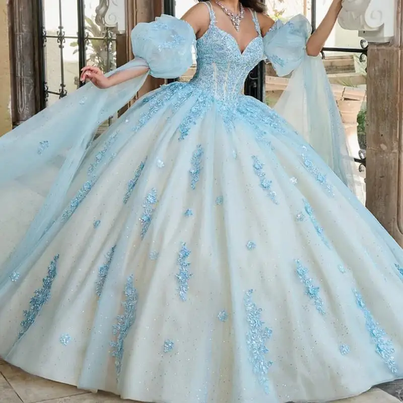 Customized Mexican Women Birthday Party Dress Prom Occasion V Neck Lace Applique Puffy Skirt Vestido De 15 16 Quinceanera Gown