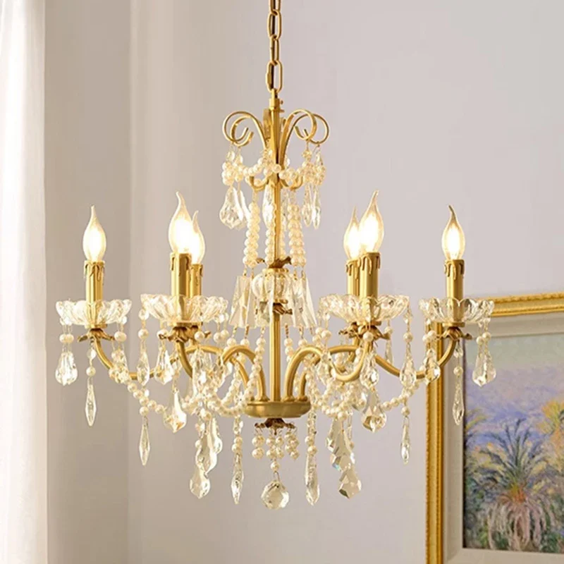 American Retro Gold Luxurious Brass Crystal Chandelier Villa Living Dining Bedroom Room Candle Lights Lustre Decor Pendant Lamps