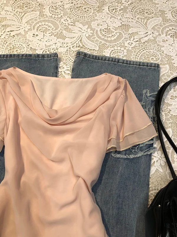 

Faionable розовый шифоновый топ с бантом, женская летняя винтажная одежда, уменьшающий возраст, топ из смеси хлопка ort Sve, стандартный крой