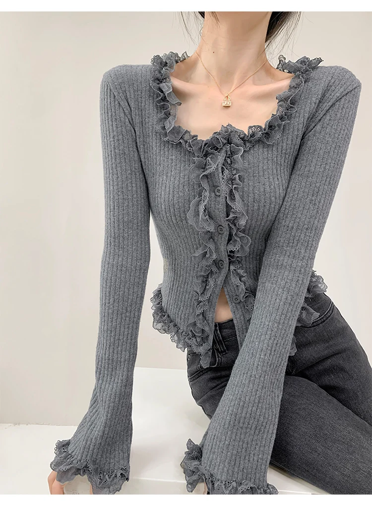 2026 Quadratischer Kragen Spitzenbesatz Langarm-Strickpullover Damen Retro Kurzer Stil Schlanke Oberteile Einreihige Strickjacke – Detail 20