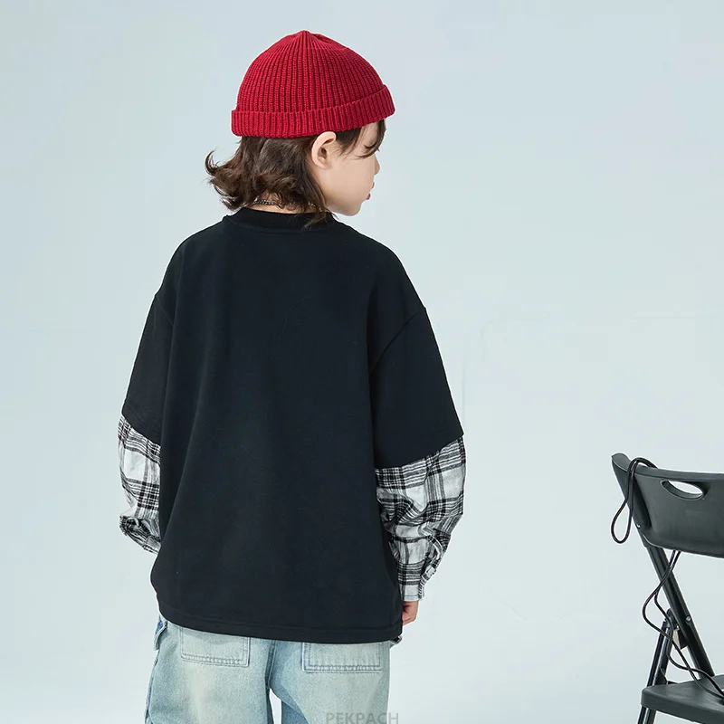 Cool Kids Tops Cotton Sweatshirt Korean Fake 2 Pieces Outerwear Fashion Casual Spring Autumn Big Boy Child Long-Sleeved Clothes - view 3