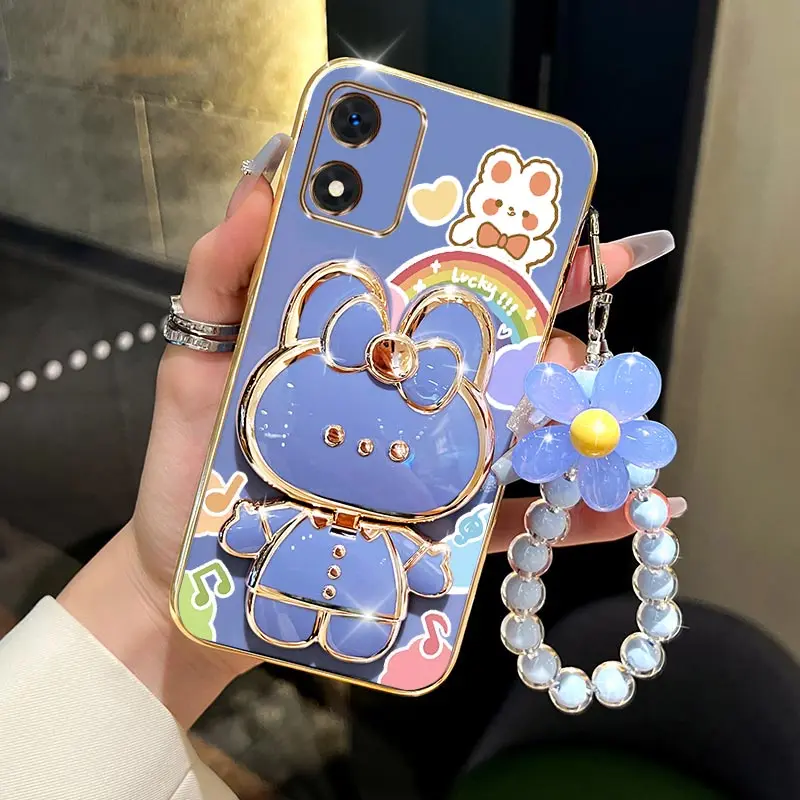 E13 Rainbow Rabbit Holder Plating Phone Case For Motorola Moto E13 Thin Shatterproof Camera Protection Moto E13 Soft Back Cover