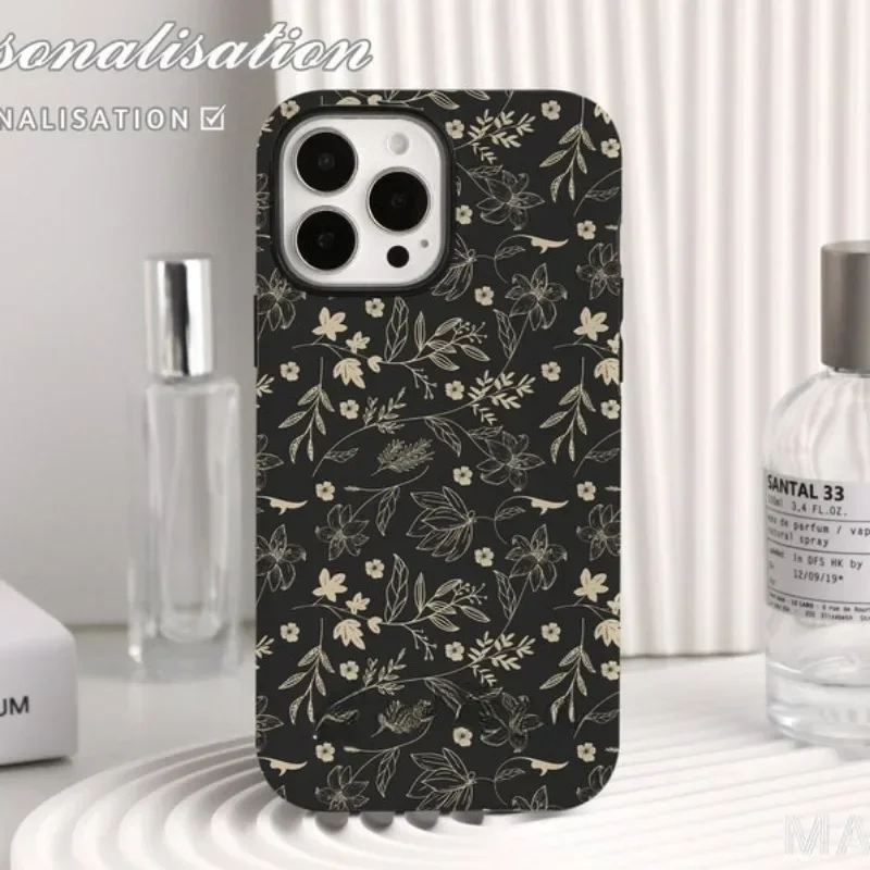 Black Pressed Flowers Phone Case For IPHONE 16ProMax 15 14 13 12 11 PRO Plus Acrylic TPU Two in one Mobile Phone Cases