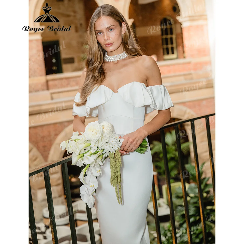 2027 Off The Shoulder Ruffle Midi Wedding Dress Matte Satin Sheath Column Corset Bodice Back Slit Modern Bridal Gown Customized