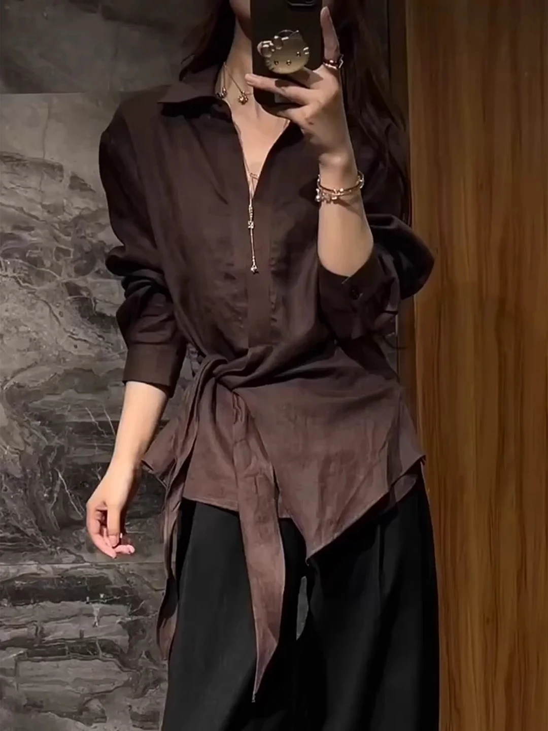 

Elegant Brown Shirt Women's Early Autumn Slim Fit Turn-down Collar Top Casual Style Commute Feel Outerwear Shirt