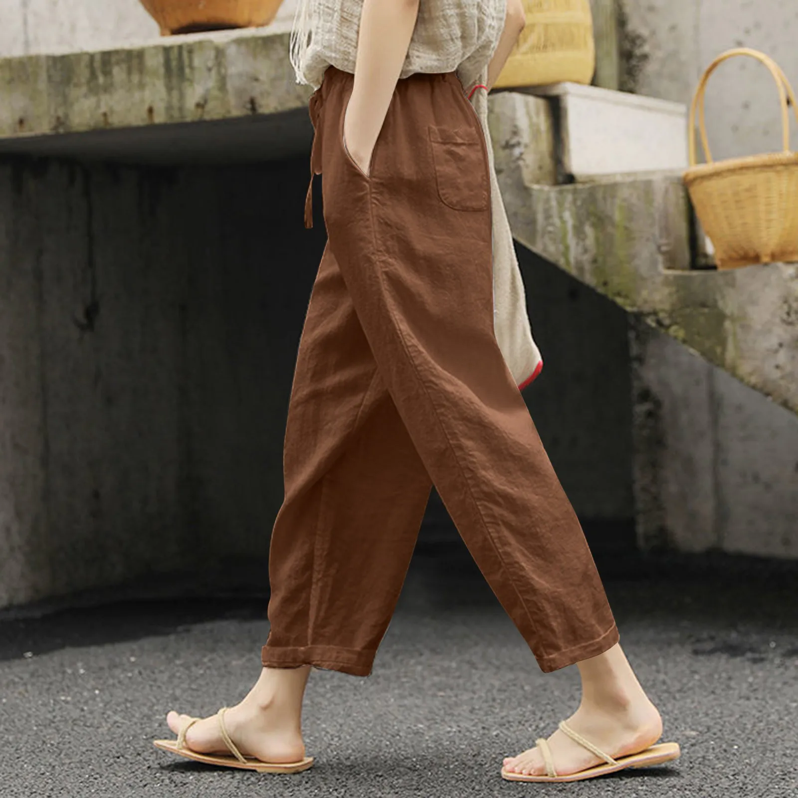 

Summer Casual Thin Trousers Women Cotton Linen Solid Color Pockets Drawstring Pants Ladies Simple Street Elastic Waist Pants