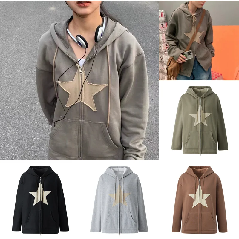 Hip Hop Zip up New Hoodie Star Patch Cotton Women's Loose Tops Harajuku Punk Gothic Clothes Grunge Casual Women's Sweatshirt