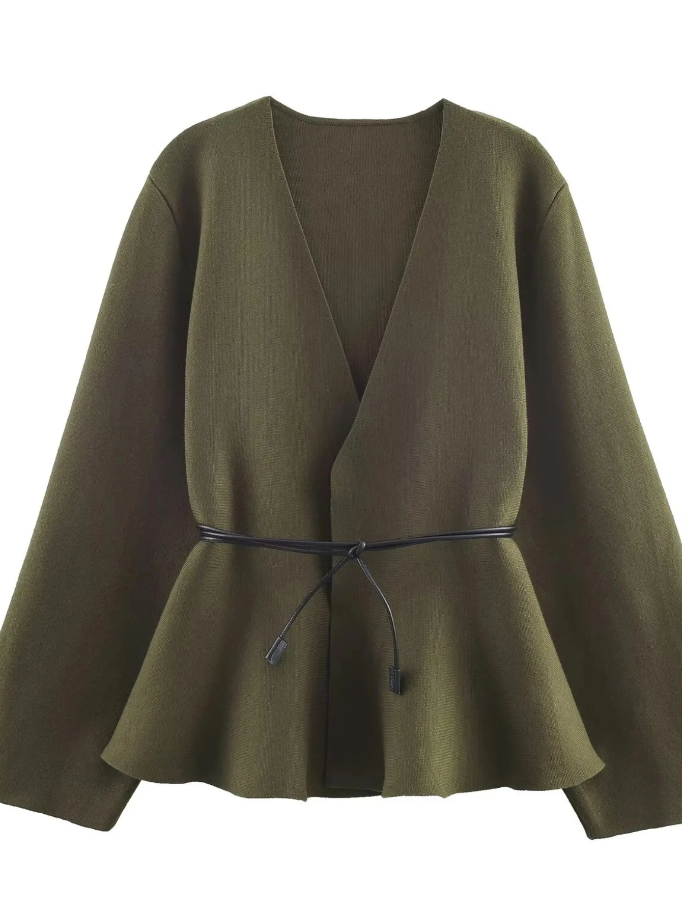 

European and American Winter New Women's Clothing Style Simple and Casual with Belt V-neck Long sleeved Knitted Coat