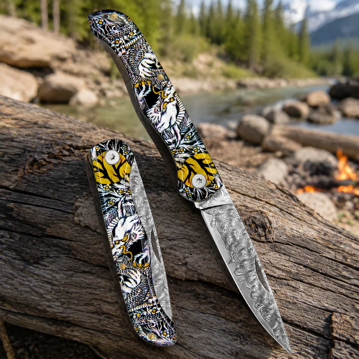 Damascus Steel Folding Utility Cutting Tool Acrylic Pattern Handle Portable Pocket Tool for Camping Hiking Fishing Outdoor Daily Use