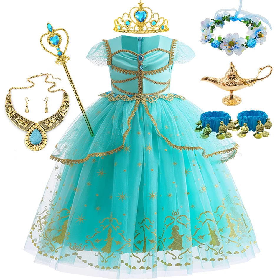 Jasmine Dress Girl Live Action Movie Aladdin Princess Cosplay Costume Deluxe Lace Sequin Fluffy Gown
