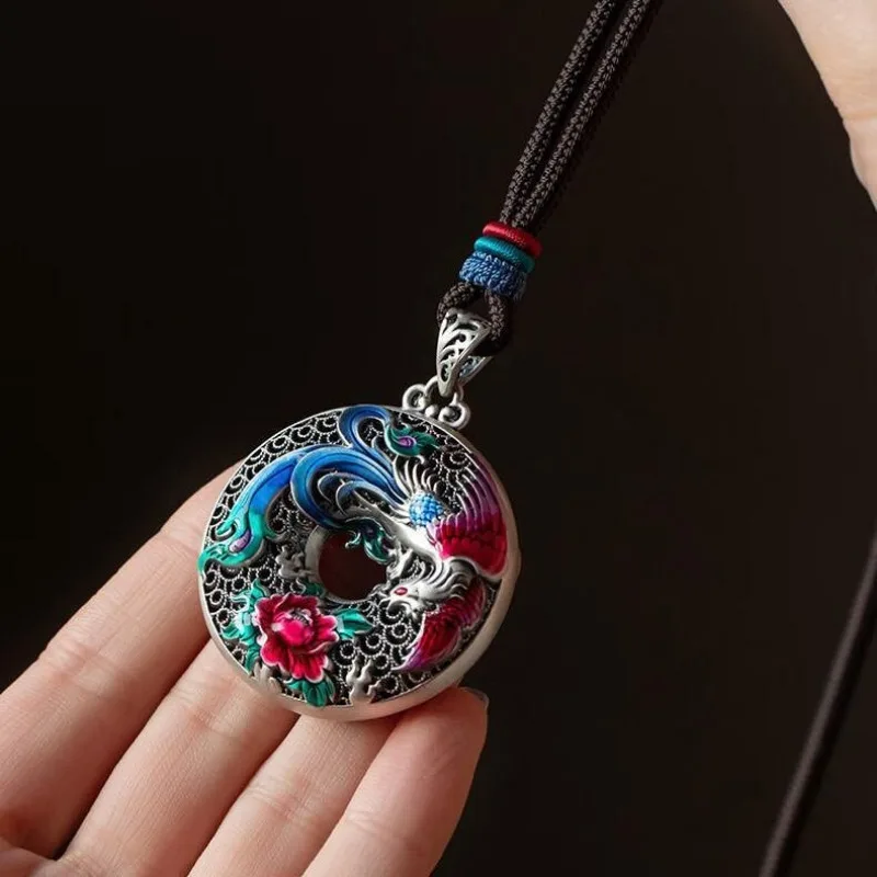 New in Charms Chinese Style Carven Colorful Enamel Phoenix Peony Flower Necklace for Women Round Hollow Pendant Jewelry