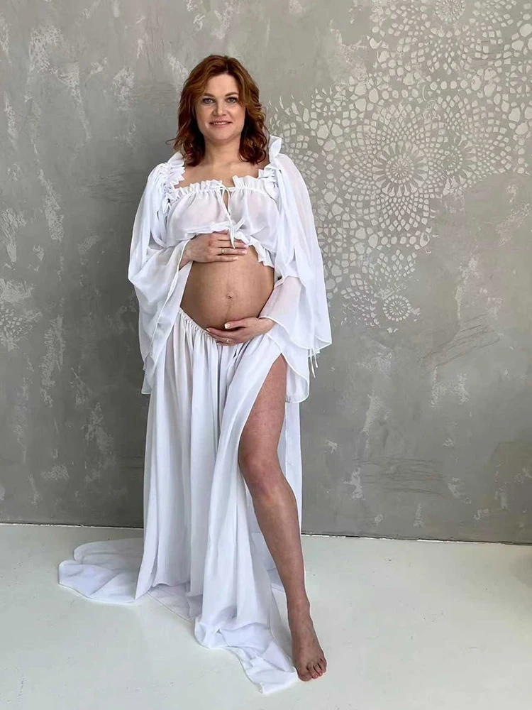 

Boho Maternity Dresses Photoshoot White Chiffon Flowy Pregnancy Gown Elegant Maxi Photography Prop Baby Shower Dress for Women