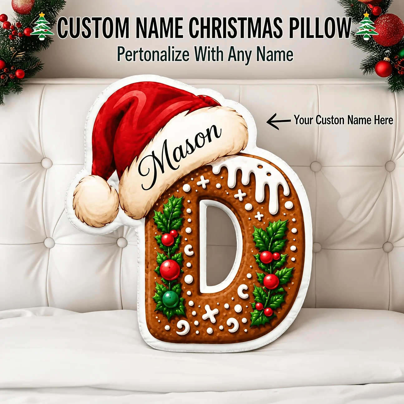 Customized photo letter D-shaped pillow, gingerbread man Christmas hat style personalized decorative cushion, unique home decora