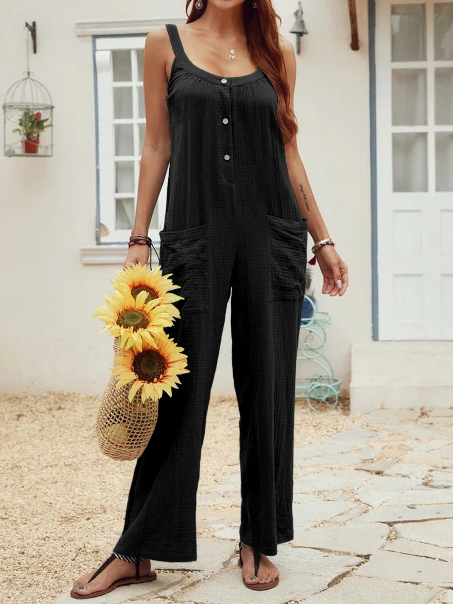 Button UP Sleeveless Rompers Casual Dress Up Jumpsuits High Waist Solid Slim Fitting Spaghetti Straps Straight Legs Rompers