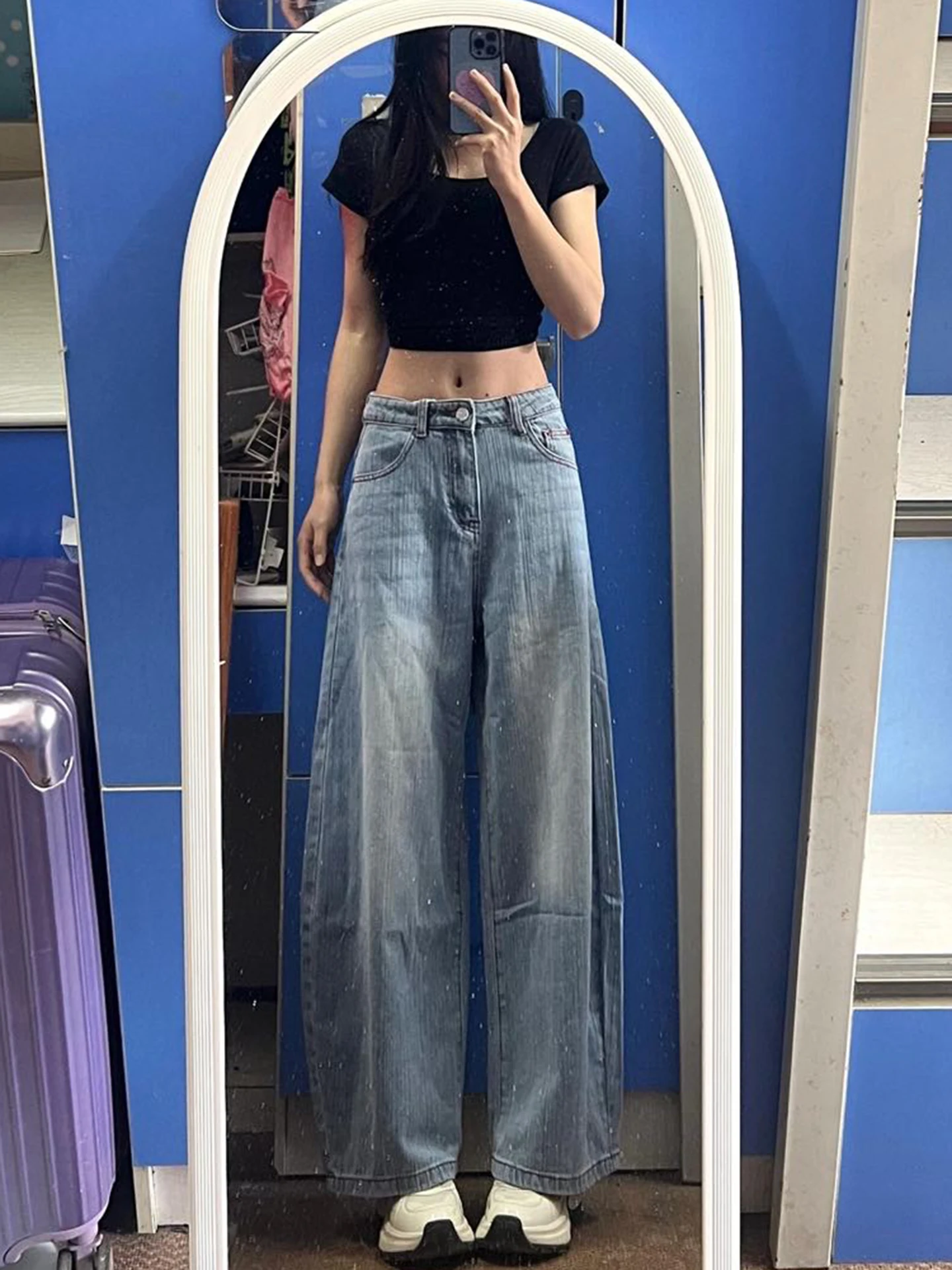 

American Style Summer New Washed Embroidered Narrow Version Wide Leg Jeans for Women High Waist Distressed Casual Pure Color