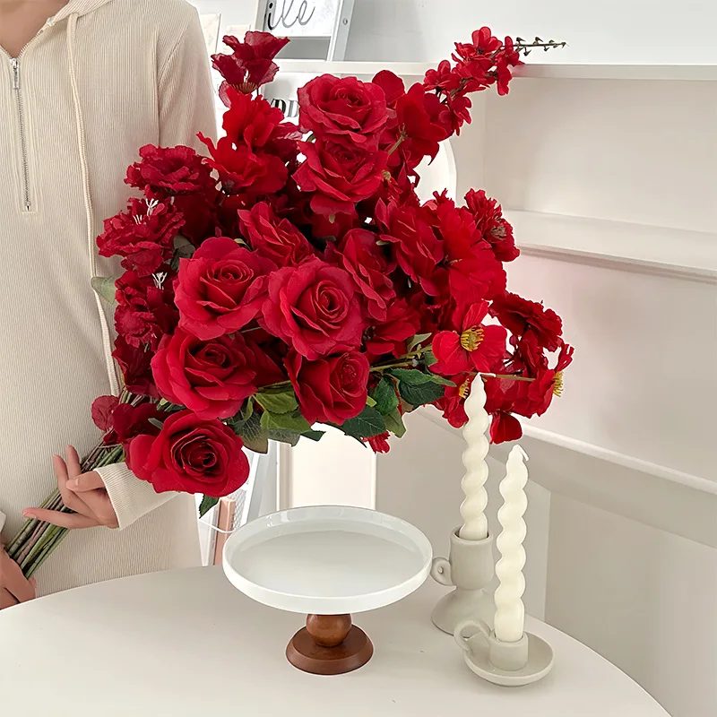 Red Artificial Flowers DIY Wedding Decoration Wedding Hall Flower Arrangement Embroidered Balls Rose Silk Flowers