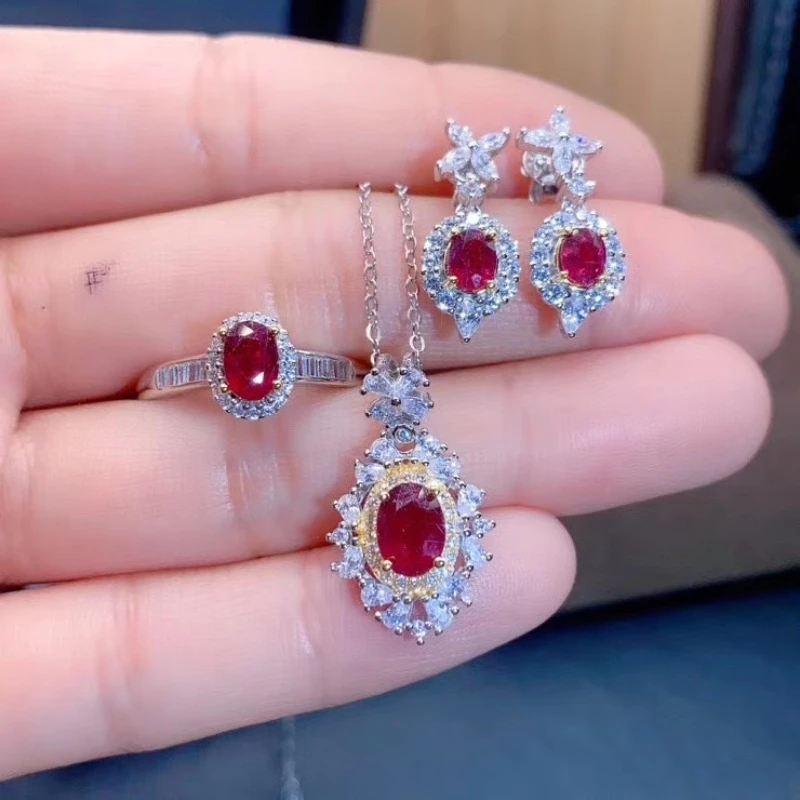 

Natural Pigeon Blood Red Ruby Wedding Jewelry Flower Sets 925 Silver Earrings Ring Pendant Necklace Three-piece Suite