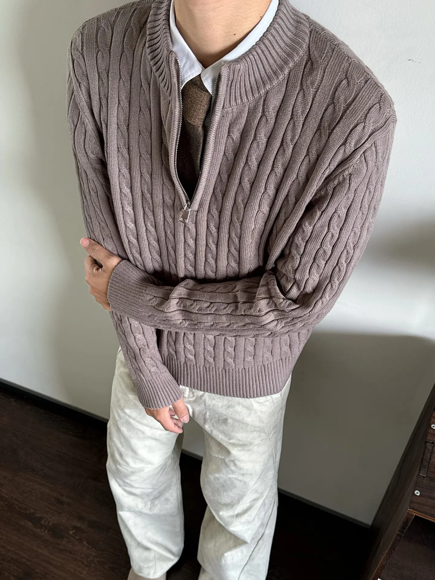 Maglione lavorato a maglia retrò americano da uomo autunno inverno pigro casual versatile collo alto f zip fibra di poliestere lungo Sve Swe...